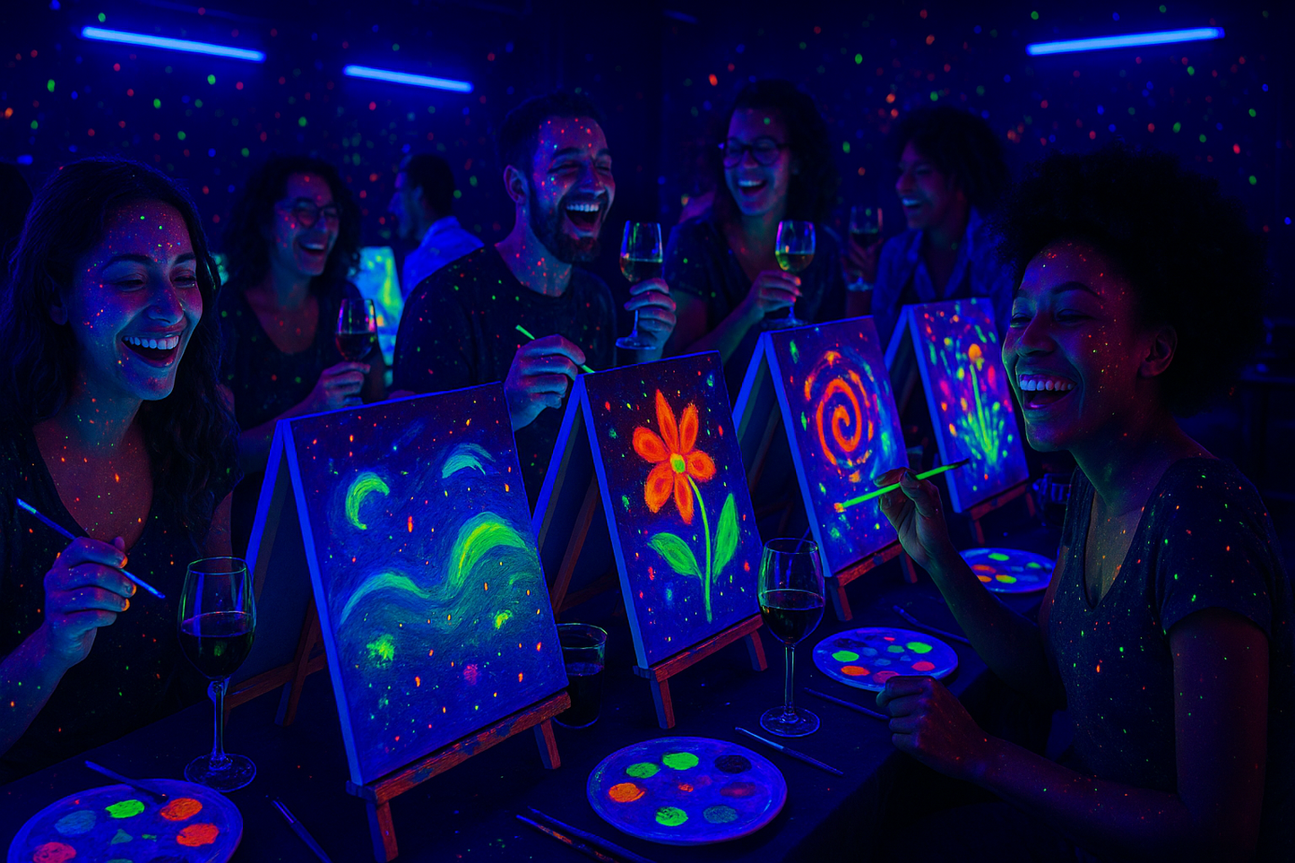 Glow in the dark paint and sip event with people up partying and painting